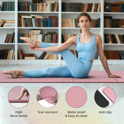 Foldable Fitness Mat, Extra Thick,Extra Long Wide Non-Slip TPE Exercise Mat for Yoga, Pilates & Home Gym Workouts(Pink)