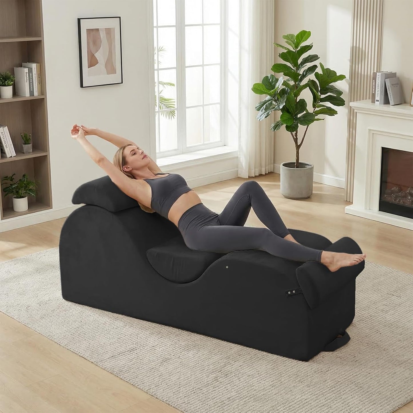 Mjkone Velvet Yoga Chair, Yoga Chaise Lounge Chair Indoor with Side Pockets, Headrest, Waist Cushion, Movable Footrest, Curved Sofa Chair for Relaxation Stretching for Bedroom, Black