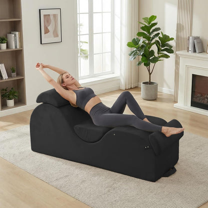 Mjkone Velvet Yoga Chair, Yoga Chaise Lounge Chair Indoor with Side Pockets, Headrest, Waist Cushion, Movable Footrest, Curved Sofa Chair for Relaxation Stretching for Bedroom, Black