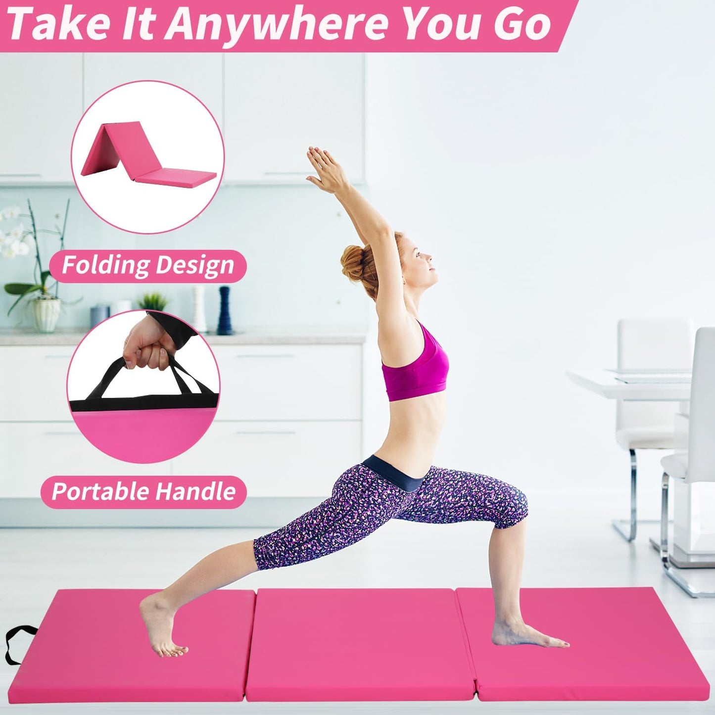 BLKMTY Gymnastics Mats - 2'x6' Folding Exercise & Yoga Mat with Carrying Handles for Kids' Tumbling & Home Gym
