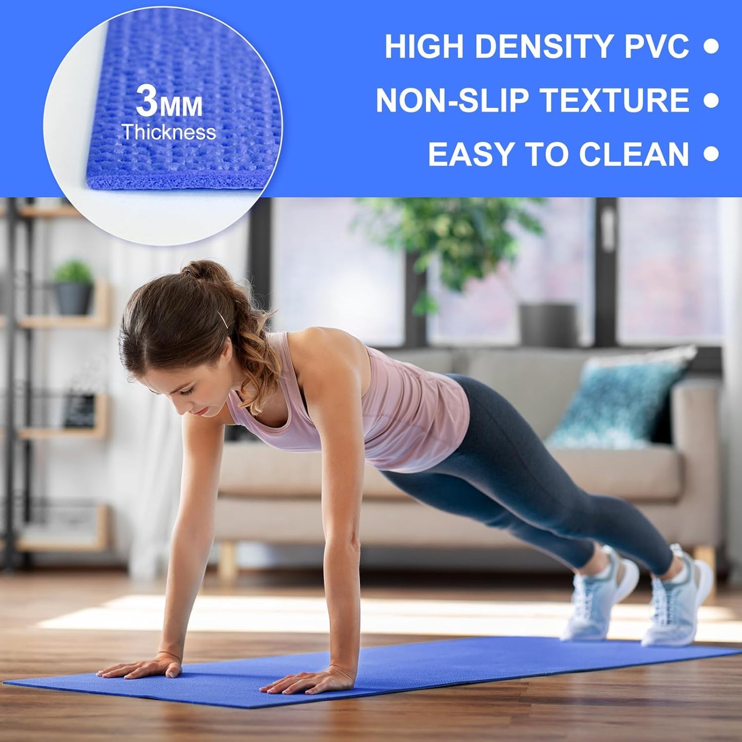 3 mm Thick Yoga Mat Bulk, Non Slip Exercise Workout Fitness Pad for Women Men, Gym Home Yoga Pilates, Easy to Clean, Sturdy PVC