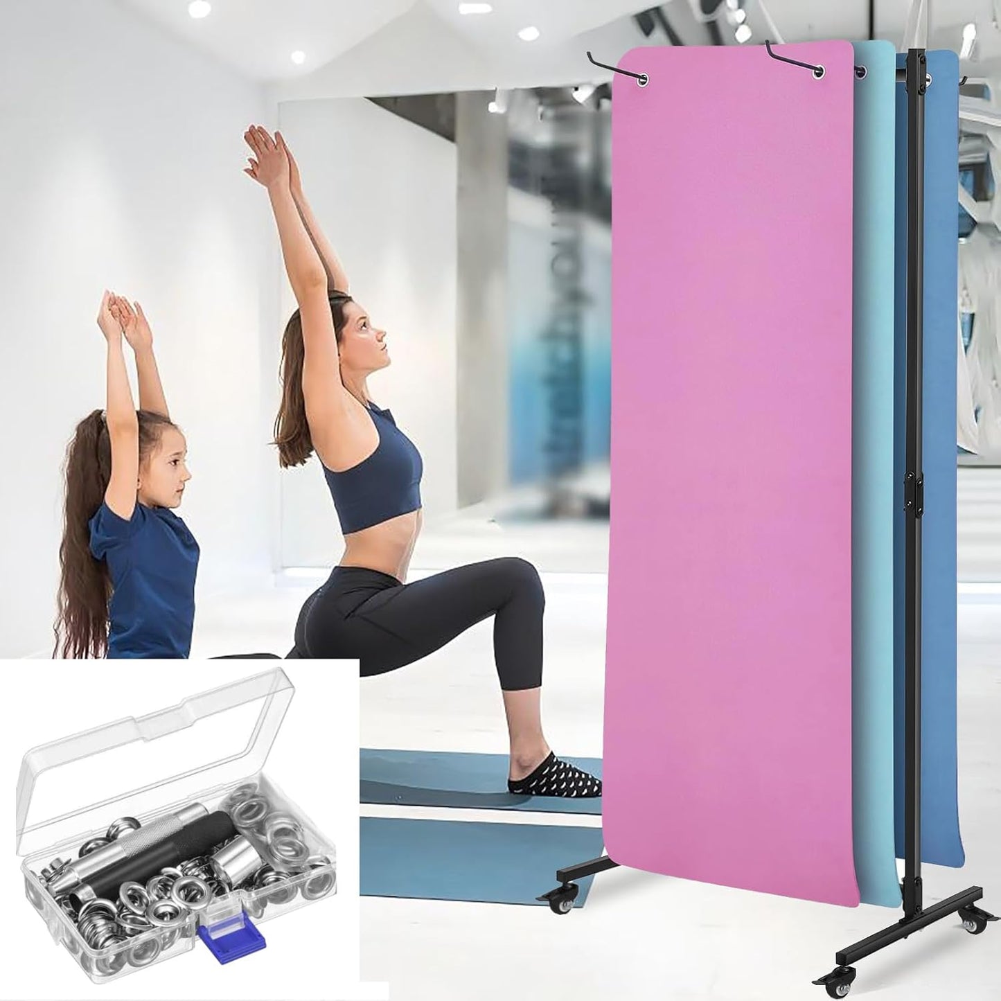 Hanging Yoga Mat Holder, Metal Double Sided Yoga Mats Storage Cart on Wheels, Floor Standing Pilates Mat Rack for Home Gym, Exercise, Yoga Studio, with Punching Tool