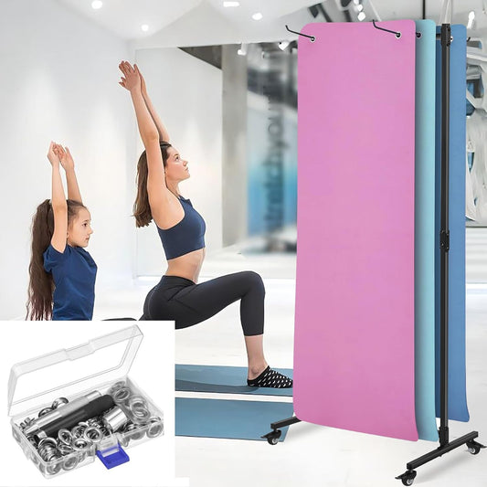 Hanging Yoga Mat Holder, Metal Double Sided Yoga Mats Storage Cart on Wheels, Floor Standing Pilates Mat Rack for Home Gym, Exercise, Yoga Studio, with Punching Tool