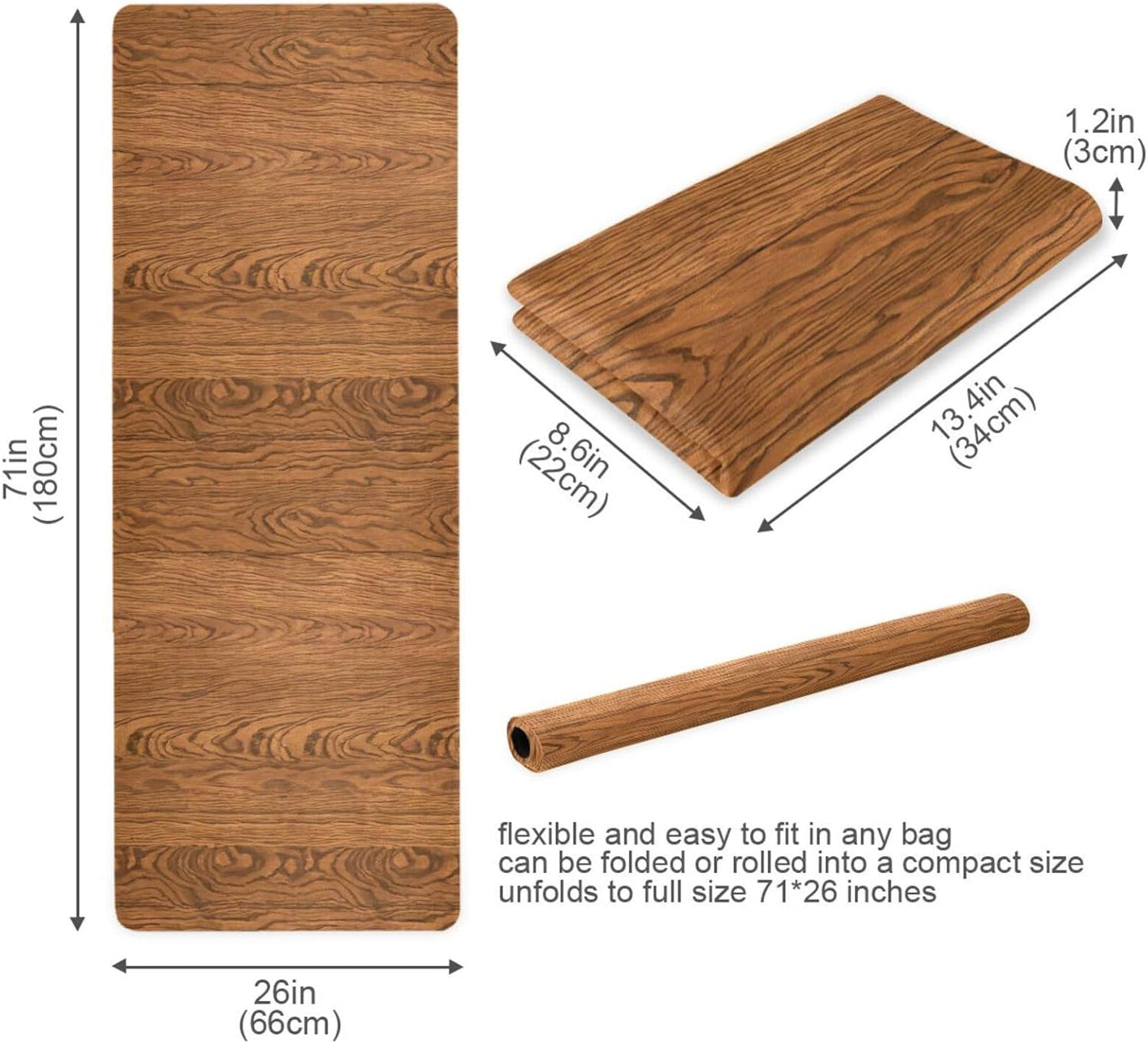 Kigai Travel Yoga Mat 71" x 24" Non Slip Natural Rubber Foldable Exercise Mat Ultra Thin 1.5mm Lightweight for Fitness, Pilates & Home Workout, Wood Print