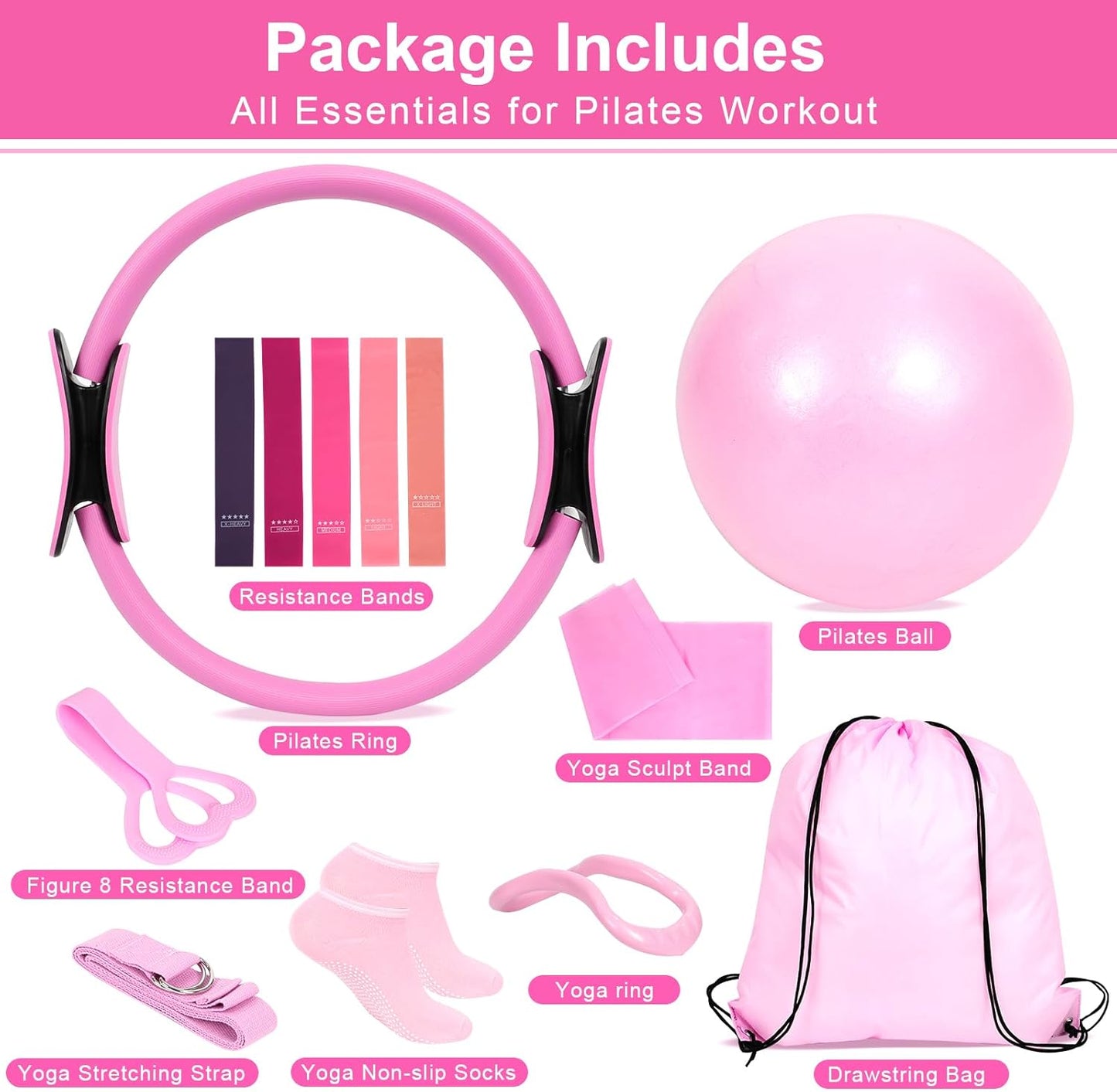 Home Pilates Essentials Kit for Women, Pilates Kit for Home Workouts, Pilates Equipment with Figure 8 Resistance Band, 14" Magic Circle, Yoga Ring, Pilates Accessories Set for Starter Workout
