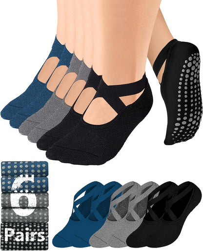 AURUZA Pilates Grip Socks for Women Non Slip Skid Yoga Socks with Grips Straps for Ballet Dance Workout Gripper Sock