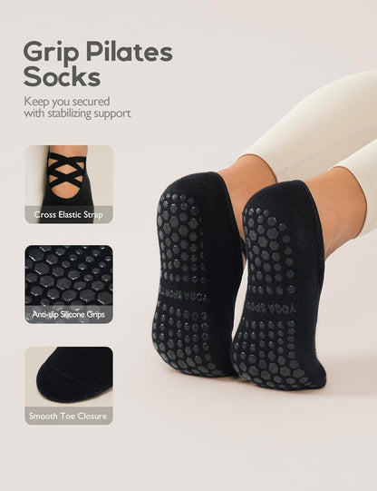 Womens 4 Pairs Pilates Socks with Grips Non Slip Grip Yoga Socks for Barre, Dance, Barefoot, Workout
