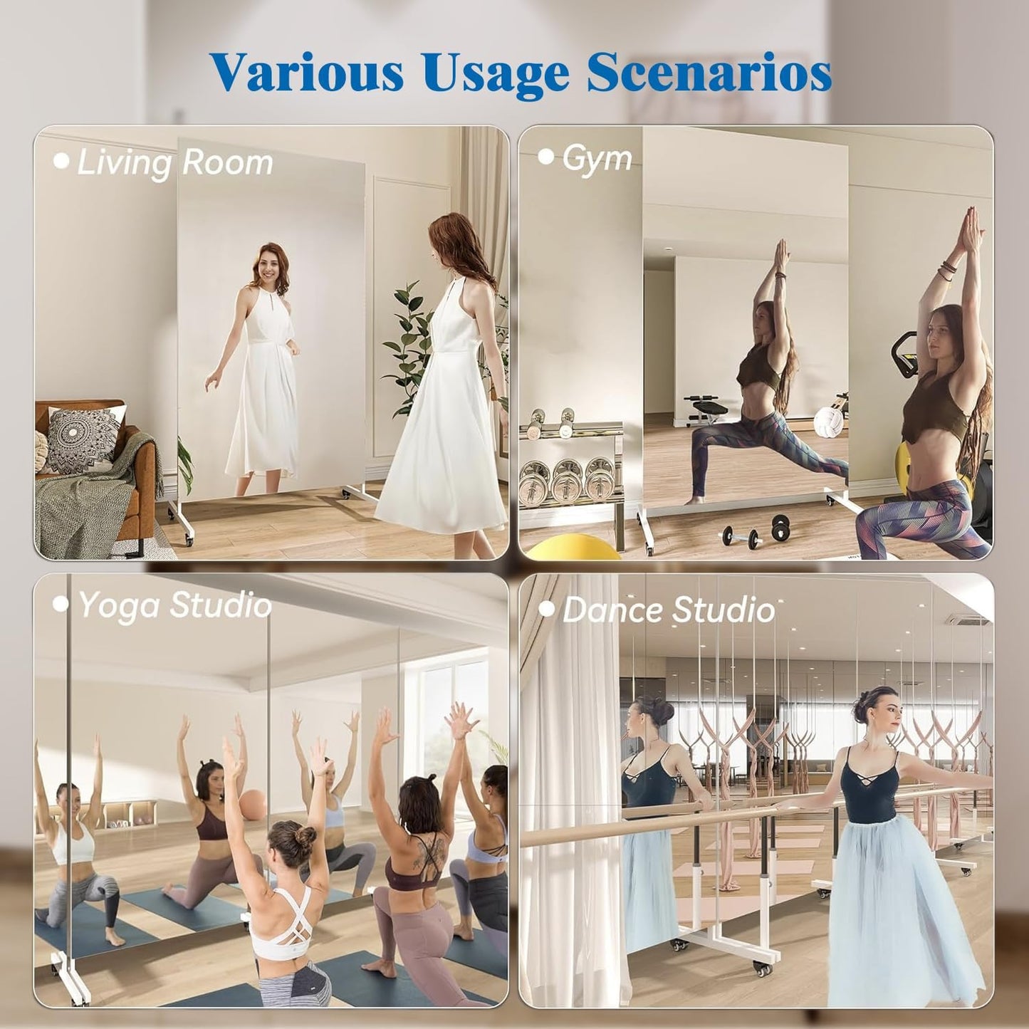 Full Length Floor Mirror with Wheels, Super Lightweight Glassless Shatterproof Film Mirror, Rolling Mirror for Home Gym, Dance Studio, Yoga Room, 67×20Inch, White