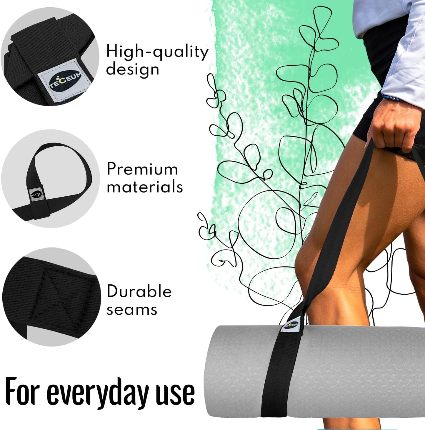 TECEUM Yoga Mat Strap – 30+ Colors – Adjustable Mat Holder Sling Carrier for All Mats [Mat Not Included]