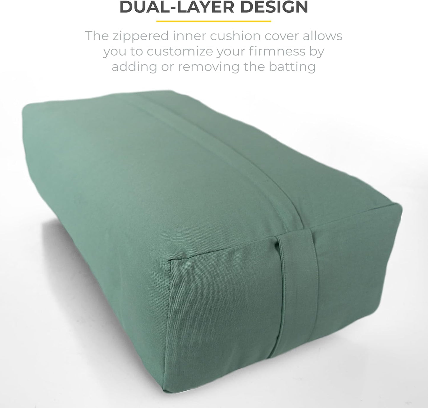 Extra Firm Large Yoga Bolster, 24" x 12" x 6" Cinched OR Zippered Yoga Pillow, Rectangular Cotton Cushion With Removable Cover for Studios, 1 Pack or 2 Pack