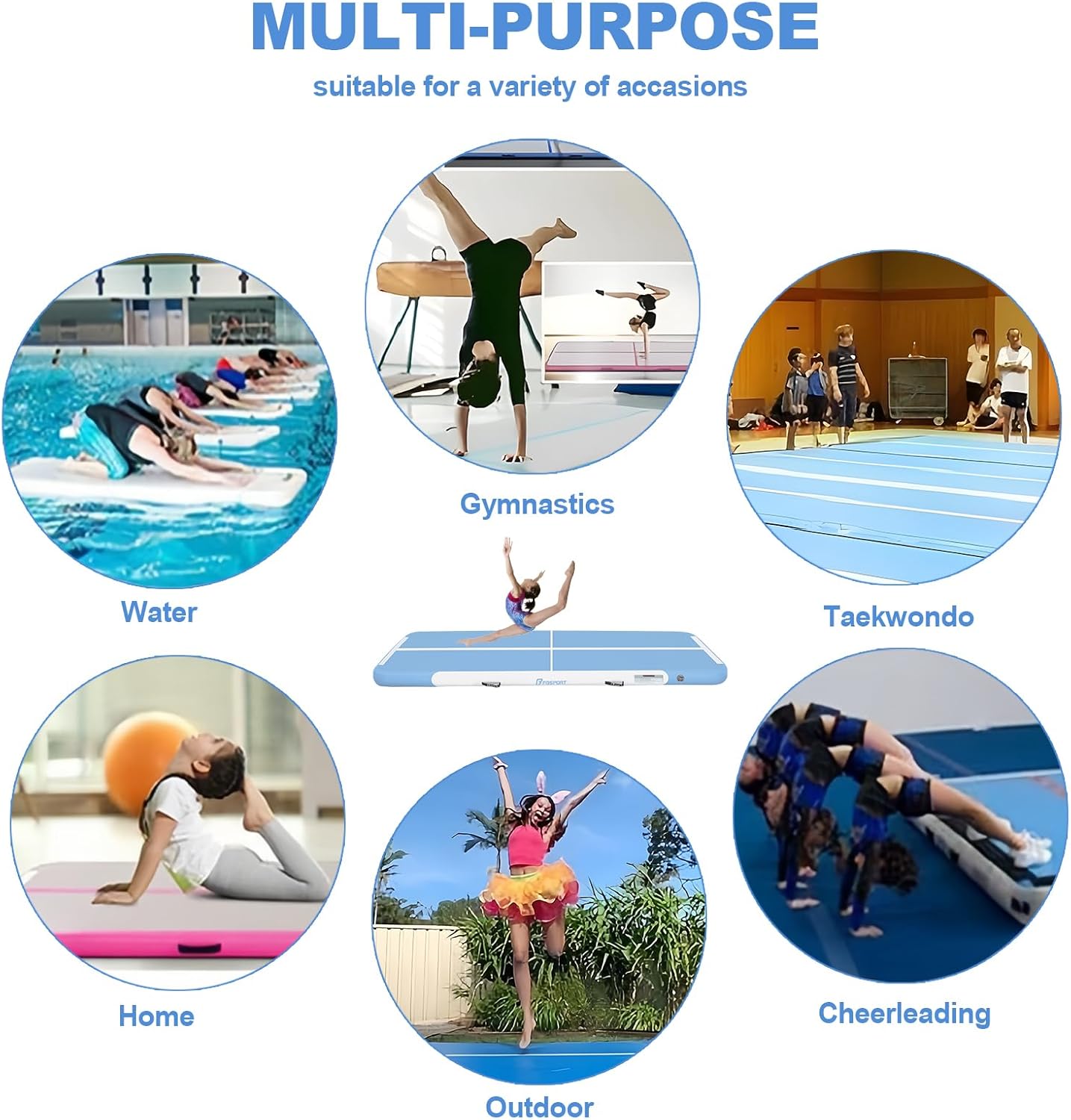 FBSPORT Inflatable Air Gymnastics Mat Training Mats 4/8 inches Thickness Gymnastics Tracks for Home Use/Training/Cheerleading/Yoga/Water with Pump