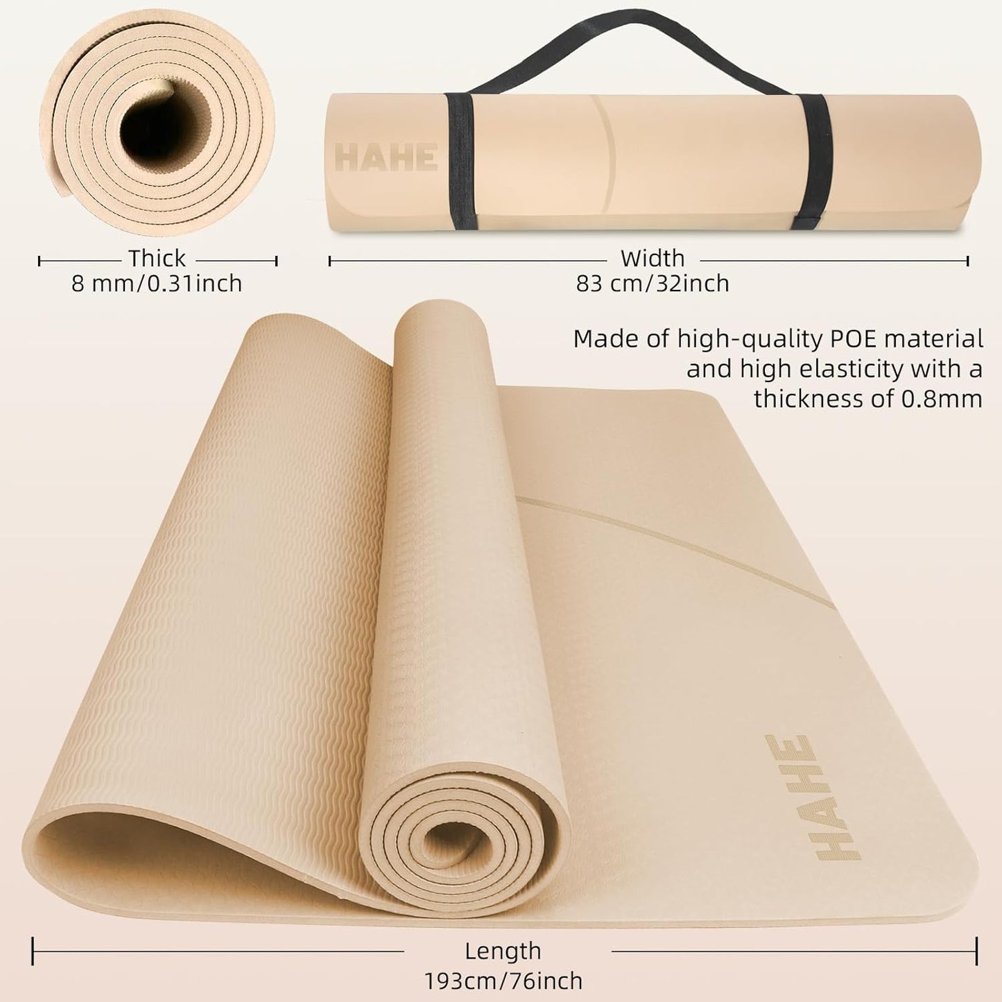 Large Yoga Mat Thick, 76"x32"x0.31"Wide POE Exercise Mat with Non-Slip Surface & Carry Strap, Anti-Tear Workout Mat for Yoga, Pilates, Fitness