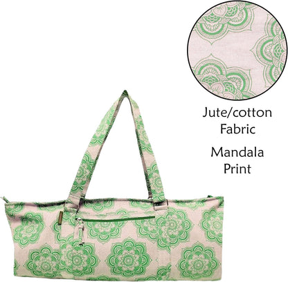 Yoga Mat Bag for Women, Cotton & Jute Storage Bag with Mandala Print, Large Multi-Functional Yoga Bag with Zipper Pocket, Mat Carrier Bag, Fitness Mat Holder for Yoga, Studio, Workout (29x8x12)