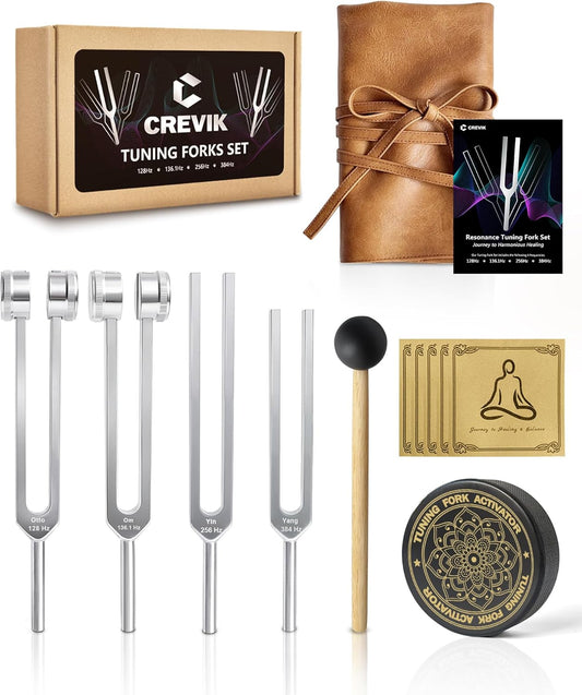 Tuning Forks for Healing Set - 128Hz, 136.1Hz, 256Hz, 384Hz Weighted & Unweighted Tuning Fork Kit with Hockey Puck Activator - Chakra Sound Therapy Instruments for Meditation & Yoga in Pouch