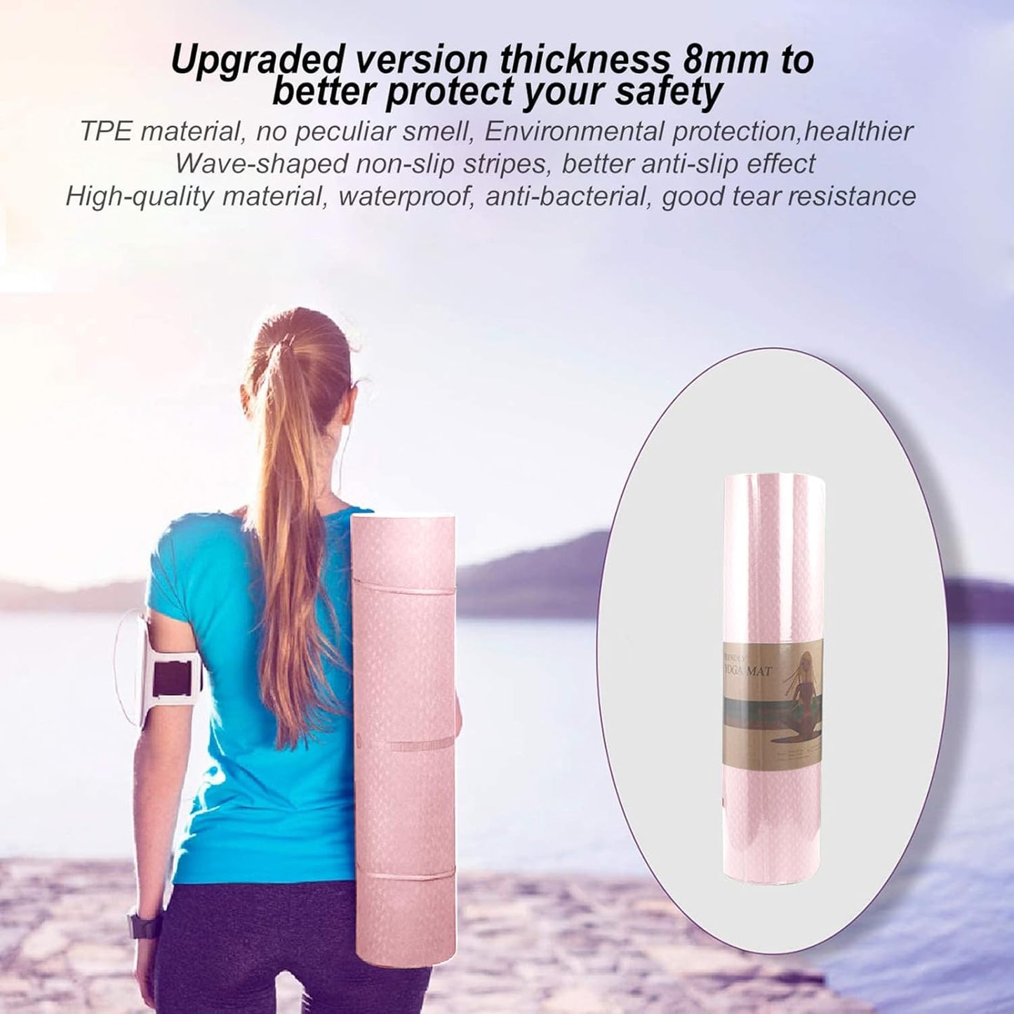 Yoga Mat 1/3" (8mm) Thick Non-Slip, Women Men Fitness & Exercise Mat, 72"Lx24"W Eco-Friendly TPE Workout Mat with Carrying Strap for Yoga, Pilates, Home Gym, Floor Exercises