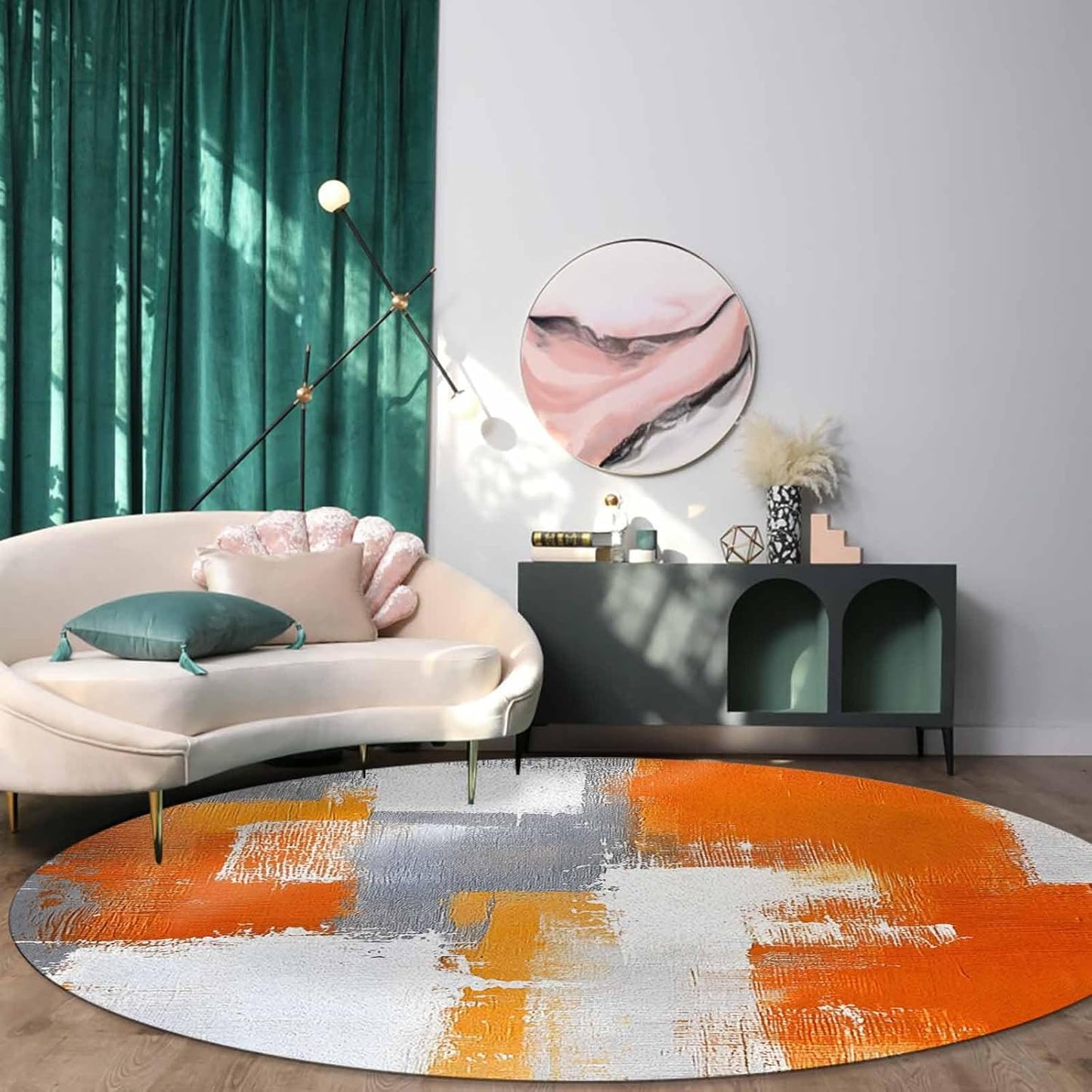 Orange Round Area Rug for Living Room 6 ft Abstract Modern Contemporary Rug Carpet Floor Mat Yoga Mat for Boys Girls Playroom Home Decor 6 ft