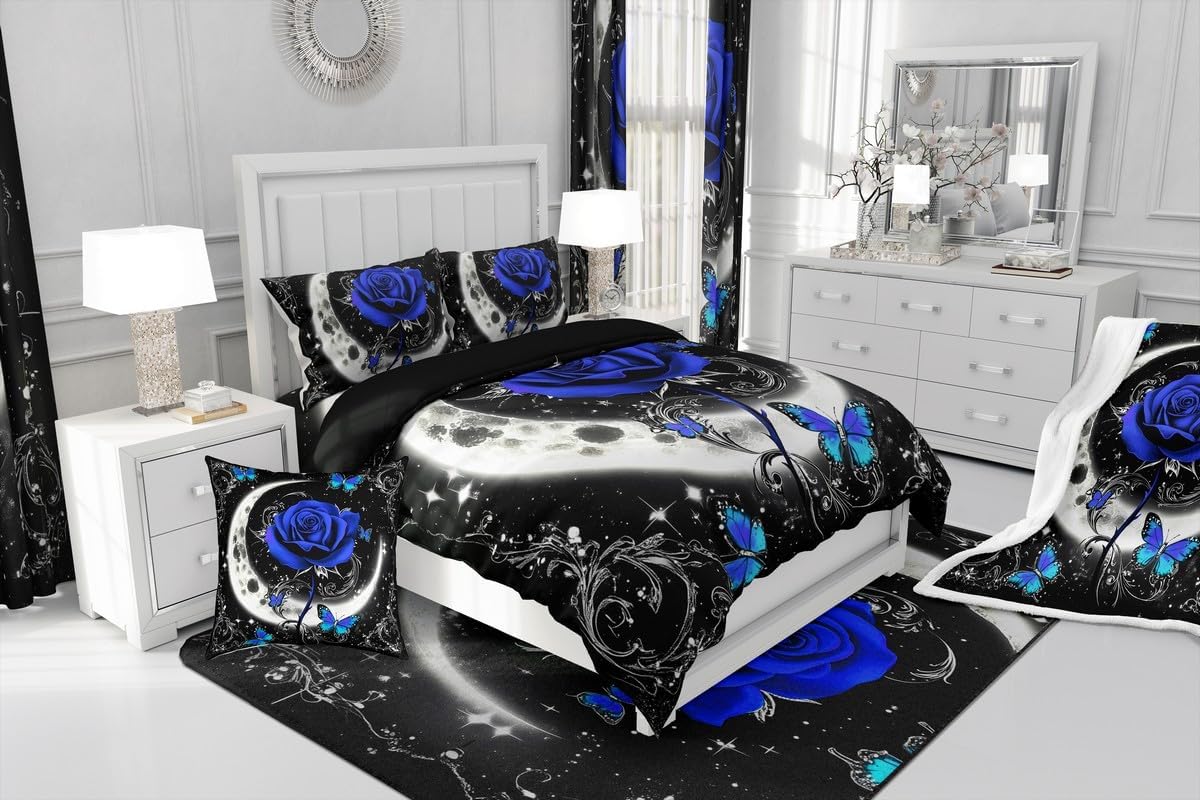 Feelyou Floral Rose Indoor Floor Mat Set,Romantic Blue Rose Rugs for Living Room Bedroom Area Rug 3x5,Boys Girls,Botanical Flower Rose Accent Rug Doormats Floor Mat for All Season