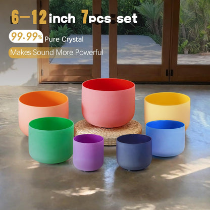 CVNC 432HZ 6-12 Inch Set of 7 PCS Aria Gradient Design Frosted Quartz Crystal Singing Bowls with 2 PCS Carry Case Bag for Sound Healing and Therapy Meditation