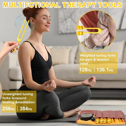 Tuning Forks for Healing Set – Includes 128Hz, 136Hz, 256Hz, 384Hz & Activator, Portable in Red Leather Pouch – Medical Grade Sound Healing Instruments for Chakra, Yoga, and Meditation
