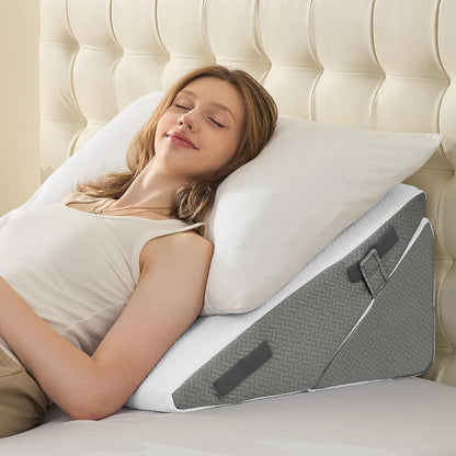 Sasttie Wedge Pillow Set for After Surgery, 2PCS Adjustable Bed Wedge Pillow Headboard with Memory Foam Neck Cushion – for Acid Reflux, Sleeping, Neck & Back Support, Dark Grey