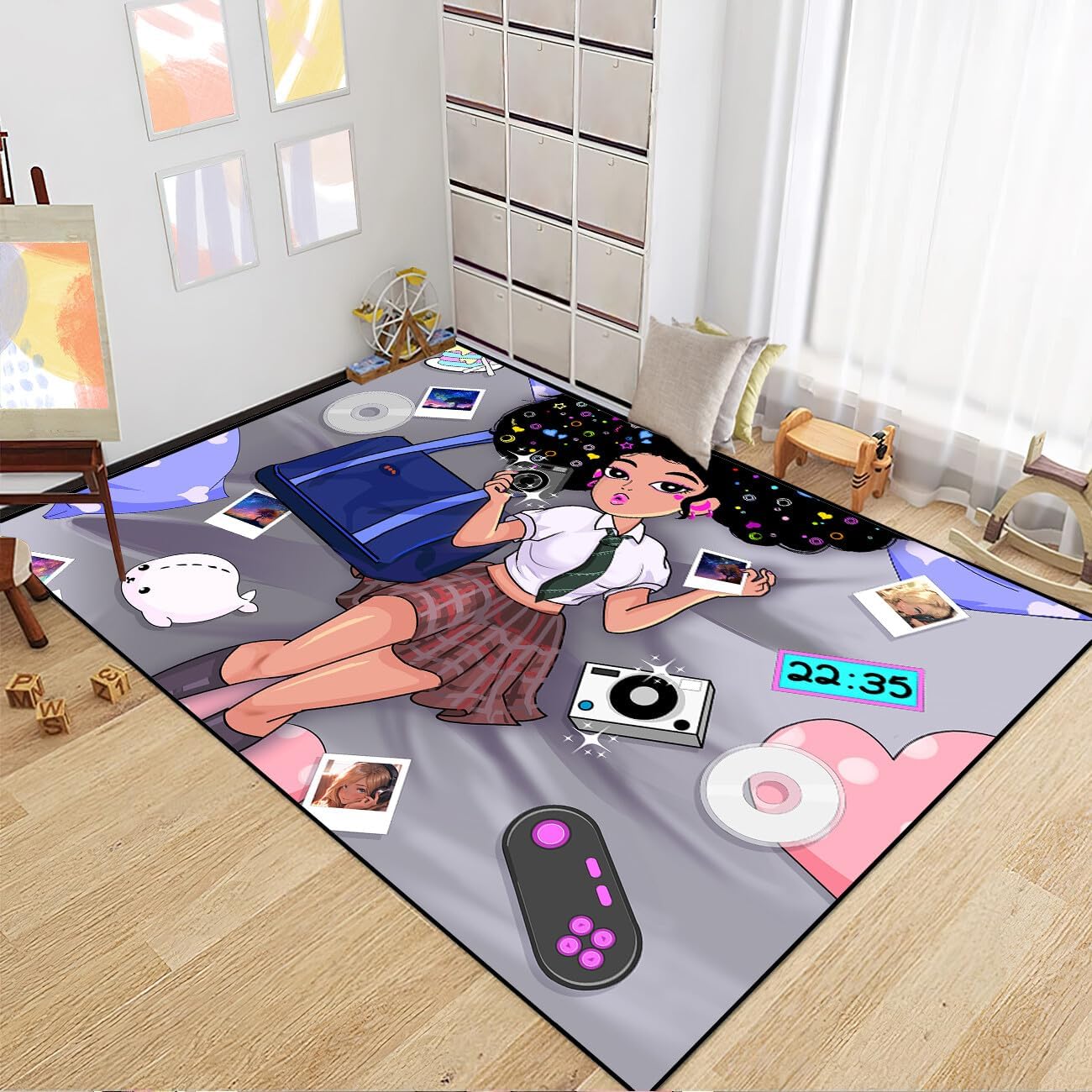 Black Girl Area Rug for Bedroom African Black Girls Floor Rugs for Living Room Playroom Cartoon Art Home Decor Soft Yoga Mats for Women Afro Purple 47" x 31" (2.7 x 3 Feet)