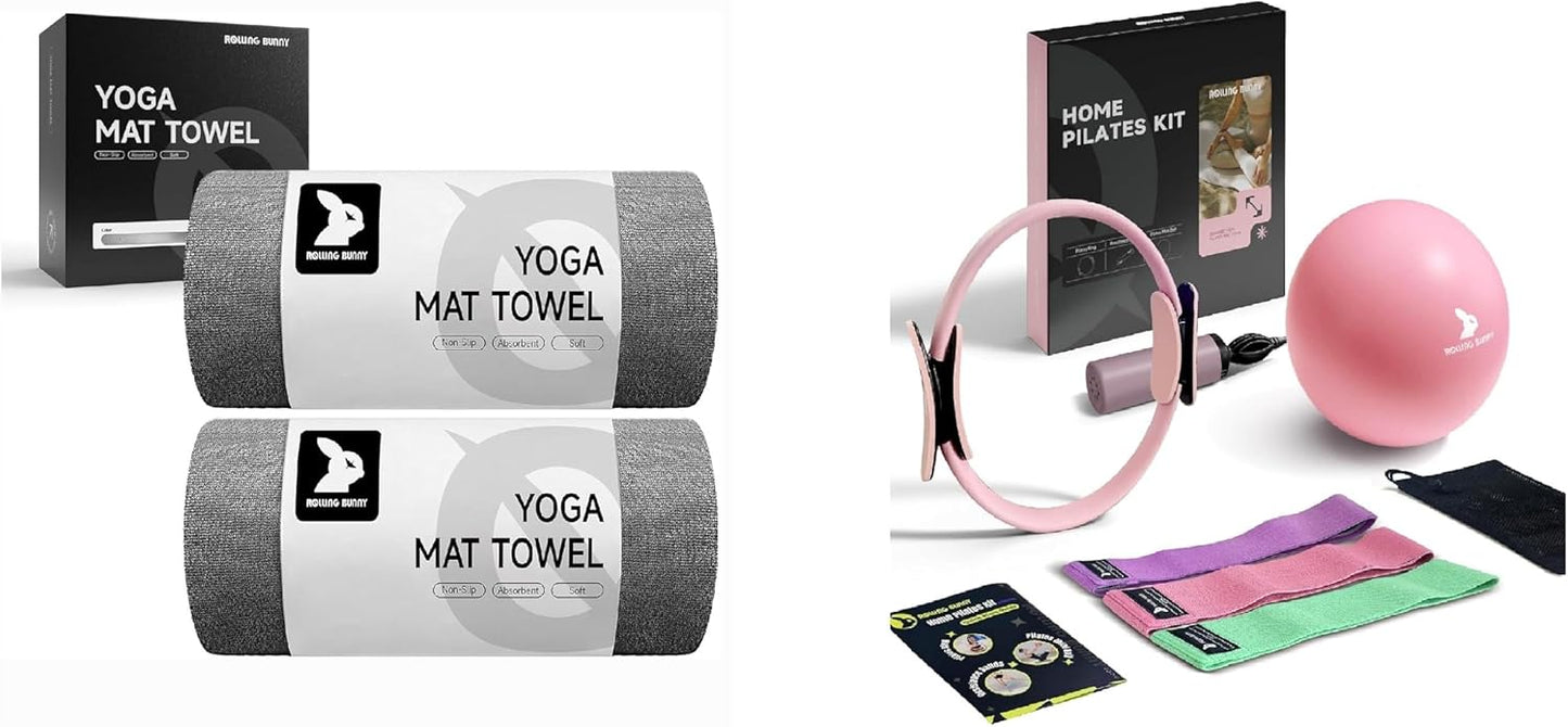 Yoga Mat Towel 72"x25" (2 Pack Gray) & Home Pilates Kit