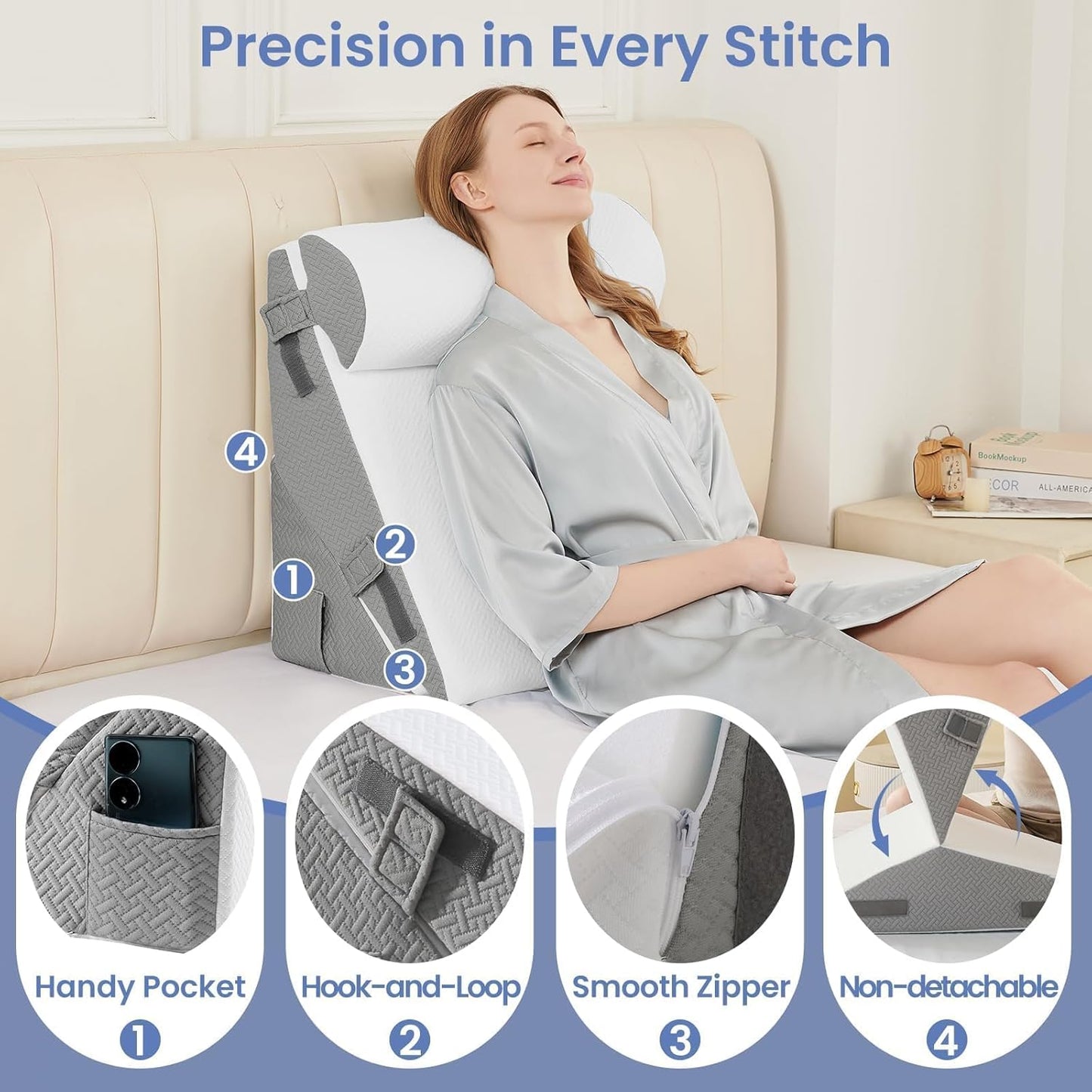 Sasttie Wedge Pillow Set for After Surgery, 2PCS Adjustable Bed Wedge Pillow Headboard with Memory Foam Neck Cushion – for Acid Reflux, Sleeping, Neck & Back Support, Dark Grey