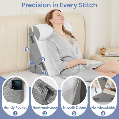 Sasttie Wedge Pillow Set for After Surgery, 2PCS Adjustable Bed Wedge Pillow Headboard with Memory Foam Neck Cushion – for Acid Reflux, Sleeping, Neck & Back Support, Dark Grey