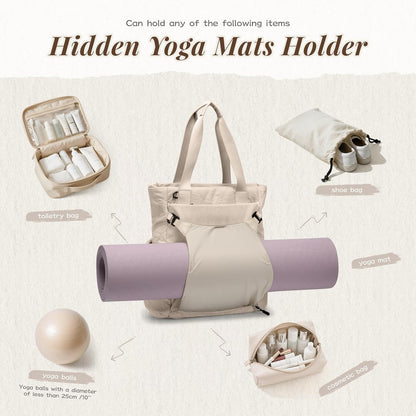 GOLF SUPAGS 3-in-1 Laptop Tote Backpack for Women 15.6" Quilted Work Gym Bag with Hidden Yoga Mat Carrier for Travel Leisure (Gravel Brown & Beige)