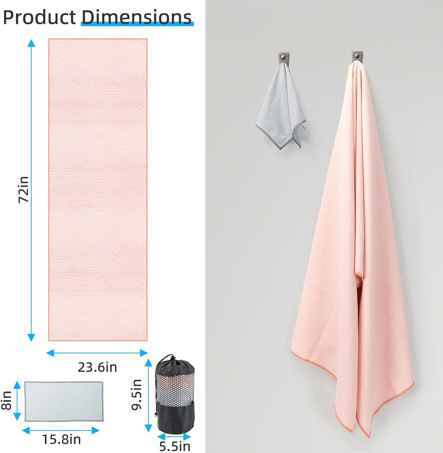 YESLIFE Non-Slip Extra Thick Hot Yoga Towel with One Sweat Towel, Microfiber Sweat Absorbent Yoga Mat Towel with Grip Dot, Pilates Mat, 72" x 24", Light Blue