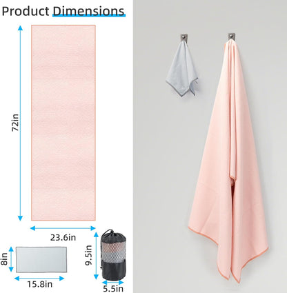 YESLIFE Non-Slip Extra Thick Hot Yoga Towel with One Sweat Towel, Microfiber Sweat Absorbent Yoga Mat Towel with Grip Dot, Pilates Mat, 72" x 24", Light Blue