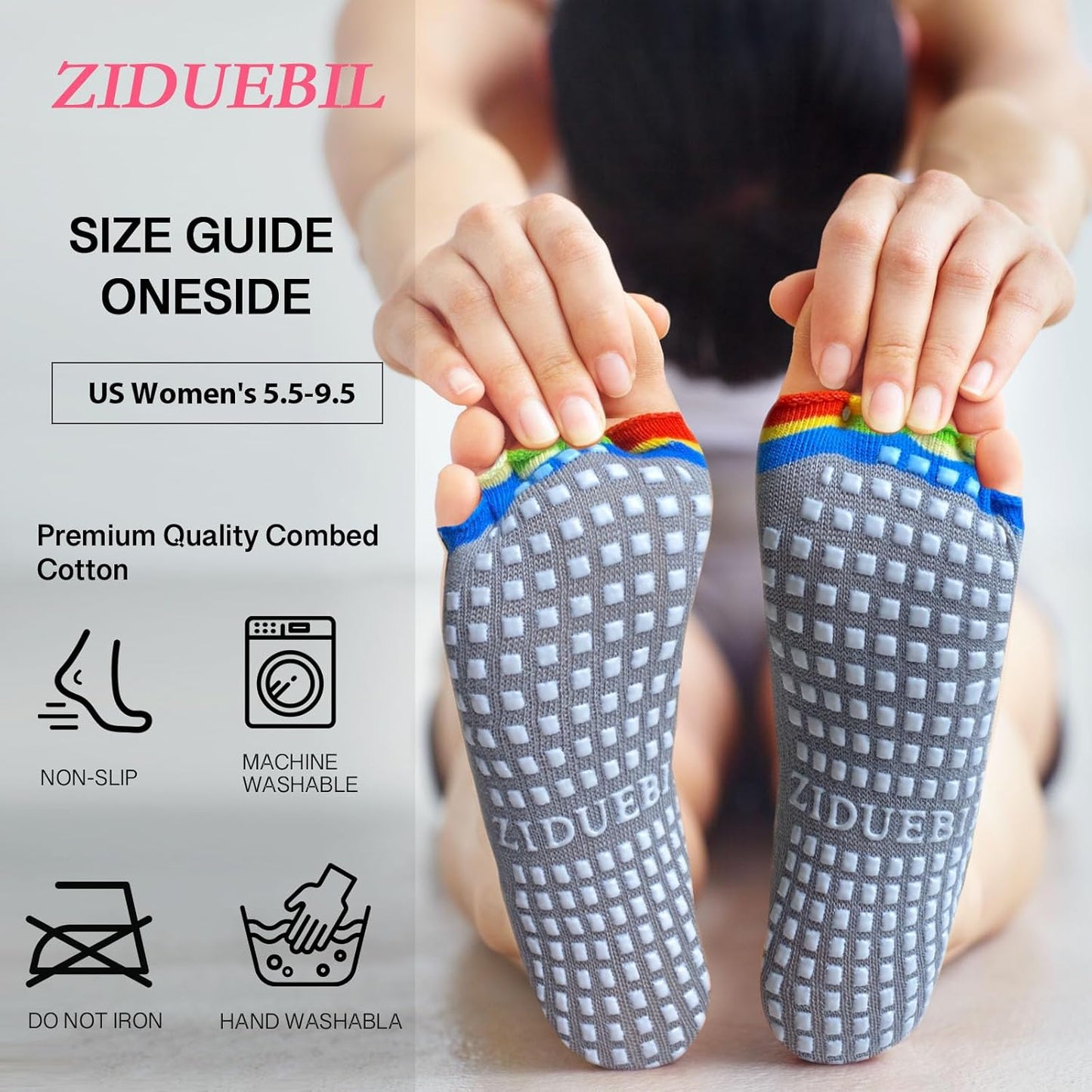 Women's Toe Separator Yoga Socks 5-Pack - Non-Slip Grips, Barefoot Pilates Socks with Open Toes, Breathable Cotton for Barre, Dance, Studio - Fits US 5.5-9.5 + Storage Bag
