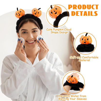CUBACO 4 Pcs Skincare Headbands for Face Washing Cute Halloween Pumpkin Spa Headband and Wristband Set for Women Fluffy Makeup Headband for Women Girls Makeup Sports Shower Pumpkin Hair Accessories