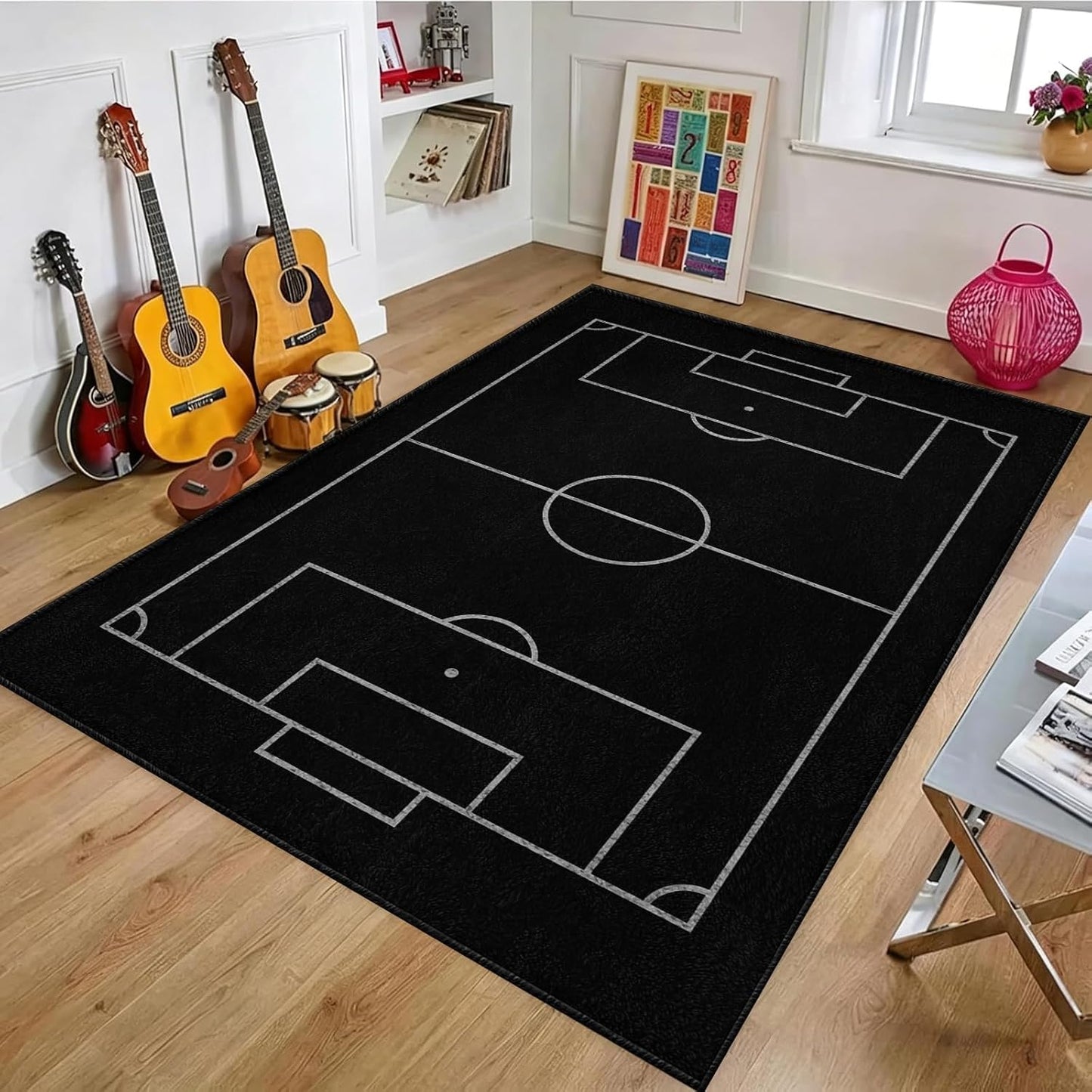 Sports Field Area Rug,5x7ft, Soccer Field Chalked Blackboard Football Stadium Board Painted Non-Slip Soft Carpet Floor Mat Indoor Living Room Bedroom Rugs Yoga Mat Home Decor