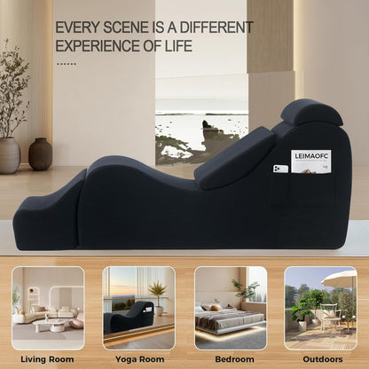 Yoga Chairs for Adults, Ergonomic Chaise Lounge Chair Indoor with Side Pocket, Lumbar Pillow, Ottoman, Yoga Chair Perfect for Stretching, Relaxation, Exercise, Used in Bedroom, Living Room (Blue)