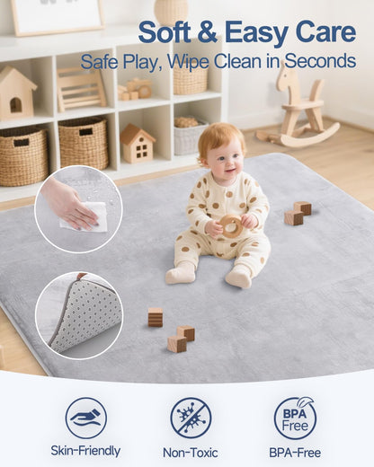 Large Thick Baby Play Mat for Floor,Padded Foam 59x79 Playpen Mat,Soft Support&Plush Feel Nursery Kids Rug,Non Slip for Toddler,Infants,Kids Playroom,Yoga,Baby Crawling,Tummy Time (Light Grey)