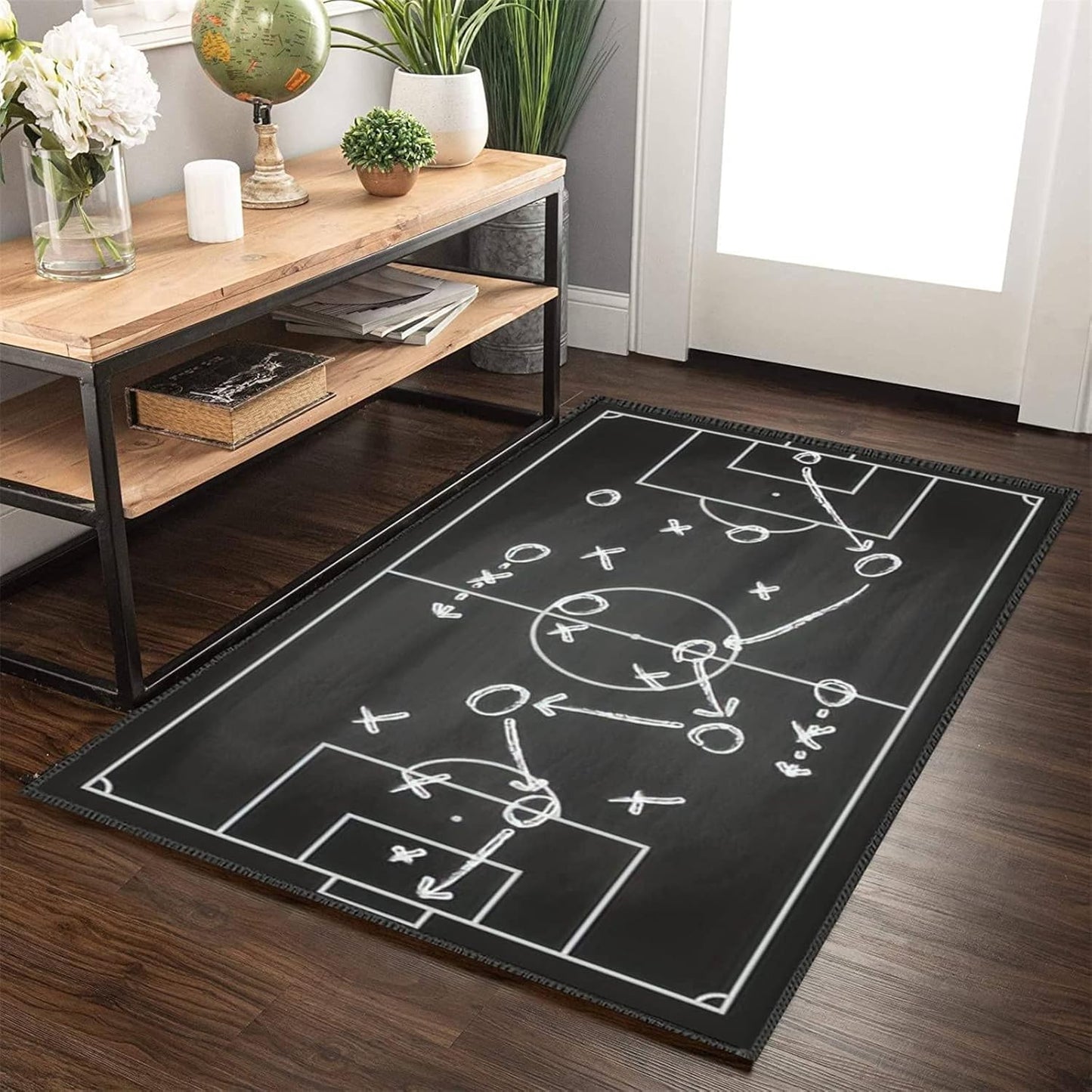 Sports Field Area Rug,5x7ft, Soccer Field Chalked Blackboard Football Stadium Board Painted Non-Slip Soft Carpet Floor Mat Indoor Living Room Bedroom Rugs Yoga Mat Home Decor