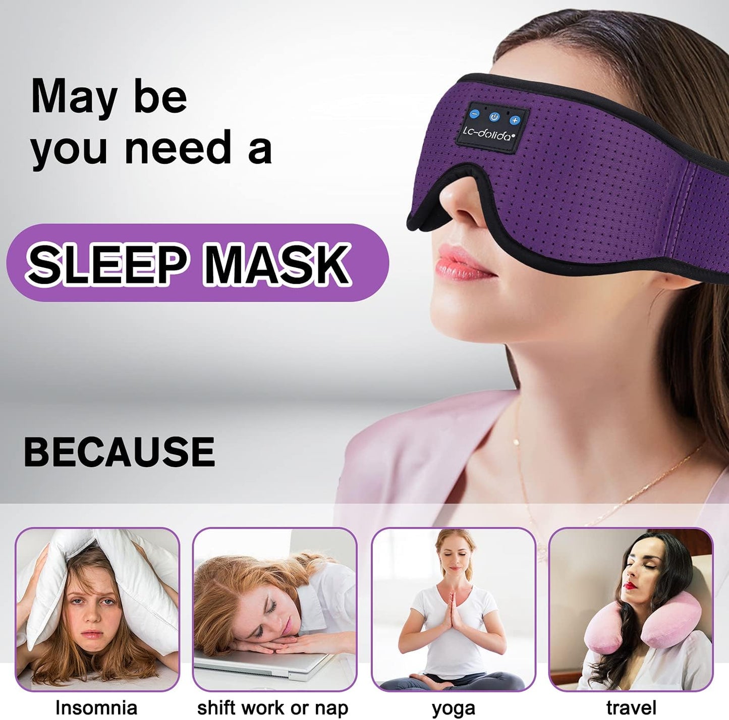 LC-dolida Sleep Headphones, 3D Sleep Mask Bluetooth Wireless Music Eye Mask, Sleeping Headphones for Side Sleepers Sleep Mask with Bluetooth Headphones Ultra-Thin Stereo Speakers Perfect for Sleeping
