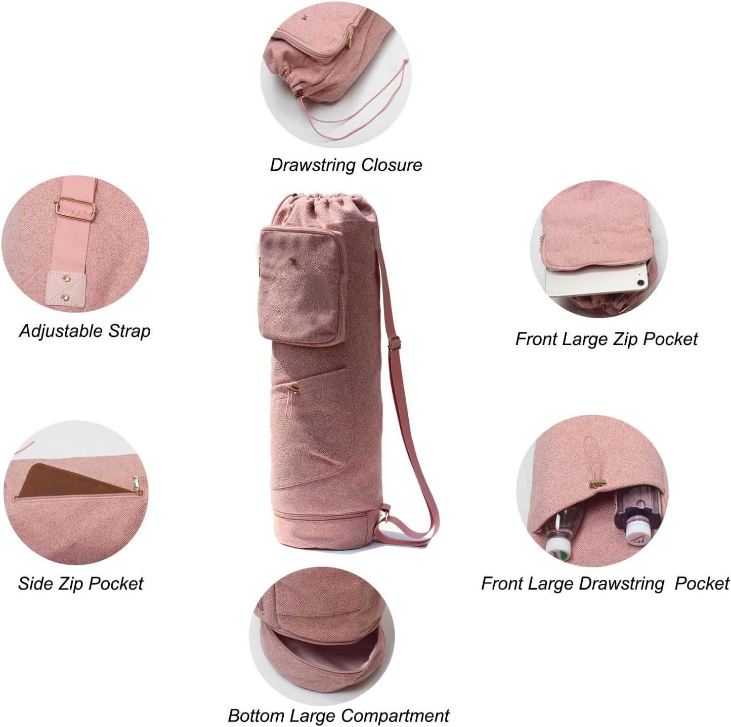 ESVAN Yoga Mat Bag with Multi Pockets Drawstring Yoga Mat Carrier Pilates Exercise Multi-Functional Storage Bag
