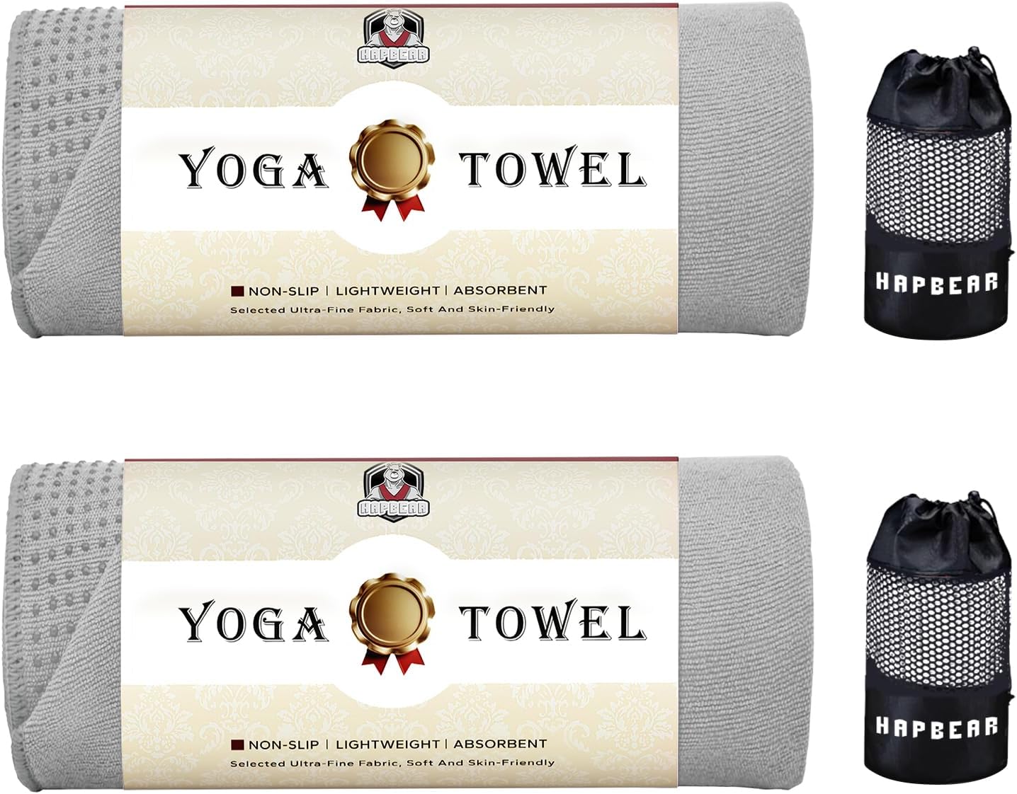 HAPBEAR Hot Yoga Towel with Non-Slip Grip Dots, Super-Absorbent Microfiber Yoga Mat Towel for Sweaty Bikram, Pilates and Studio Workouts - Grey