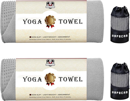 HAPBEAR Hot Yoga Towel with Non-Slip Grip Dots, Super-Absorbent Microfiber Yoga Mat Towel for Sweaty Bikram, Pilates and Studio Workouts - Grey