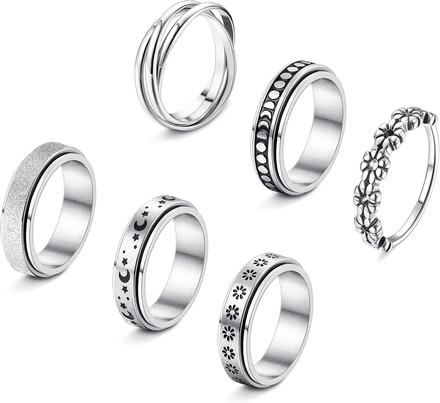 FUNRUN JEWELRY Stainless Steel Fidget Anxiety Ring for Women Men Fidget Spinner Rings Moon Star Celtic Stress Relieving Spinning Ring Wedding Band Rings Set,4-6Pcs