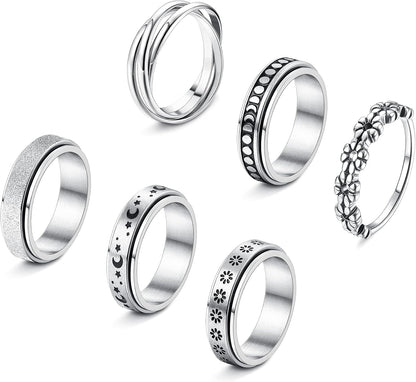 FUNRUN JEWELRY Stainless Steel Fidget Anxiety Ring for Women Men Fidget Spinner Rings Moon Star Celtic Stress Relieving Spinning Ring Wedding Band Rings Set,4-6Pcs