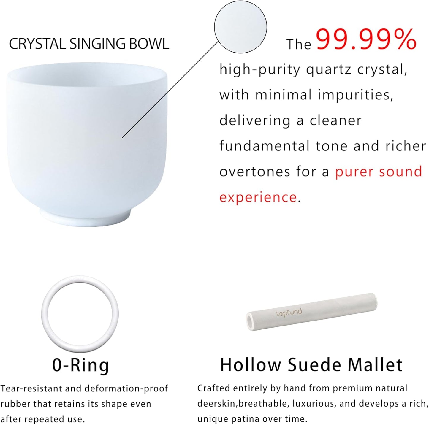 TOPFUND F Note Crystal Singing Bowl 10 inch Heart Chakra with Heavy Duty Carrying Case and Suede Mallet