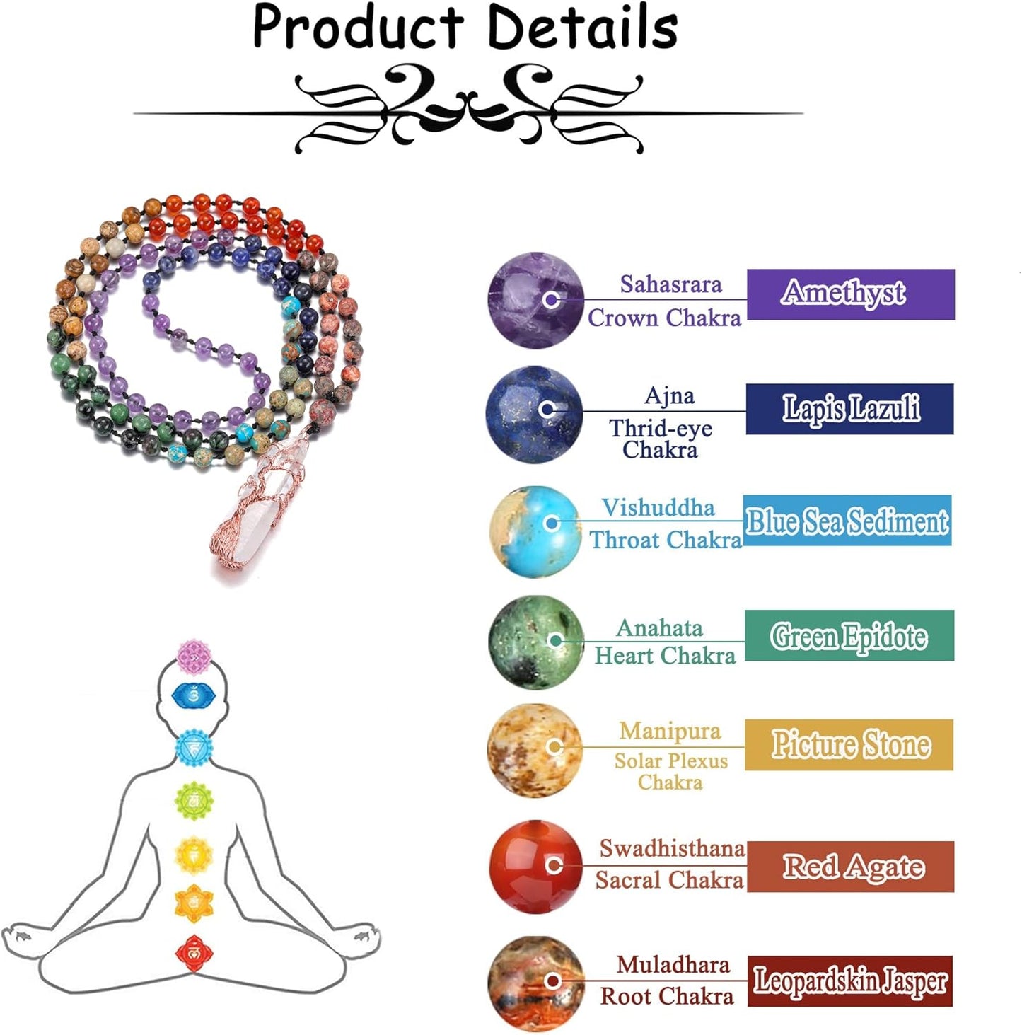 GEHECRST Natural 7 Chakra 108 Mala Prayer Beads Necklace with Reiki Healing Crystal Pointed Pendant 6mm Gemstones Beads Necklace Mens Womens Jewelry for Meditation, Protection