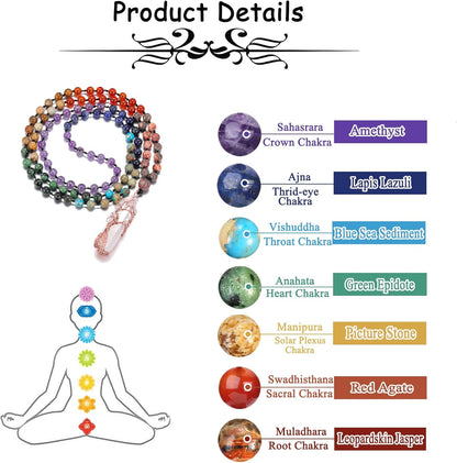 GEHECRST Natural 7 Chakra 108 Mala Prayer Beads Necklace with Reiki Healing Crystal Pointed Pendant 6mm Gemstones Beads Necklace Mens Womens Jewelry for Meditation, Protection