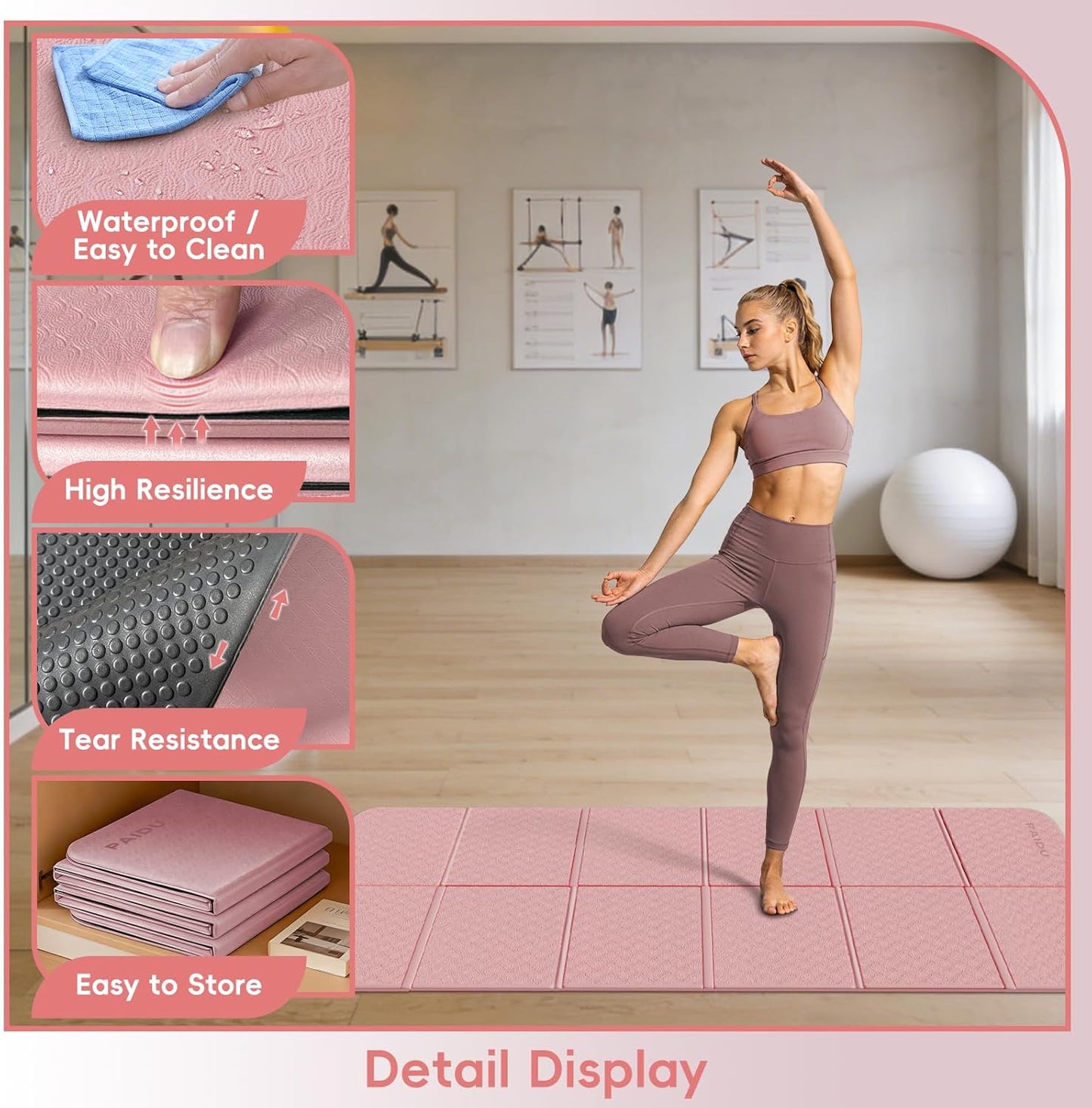 PAIDU Foldable Yoga Mat for Travel, 70"x24"x0.31" (8MM) TPE Double-Sided Non-Slip Pilates Mat with Carrying Bag for Yoga, Pilates, Fitness and Home/Outdoor Workouts