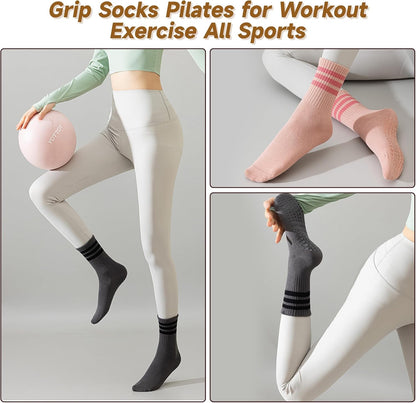 Grip Socks Pilates,4/6Pairs Cotton Cute Pilates Socks for Women, Ruffle Grippy Sock for Yoga Barre Hospital 5-10in