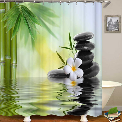 4PCS Spa Zen Shower Curtain Sets with Rugs, White Shower Curtain, Pink Floral Orchid Lotus Water Lily Stone Bamboo Water Reflection Yoga Massage Relaxing Spiritual Meditation Bathroom Decor