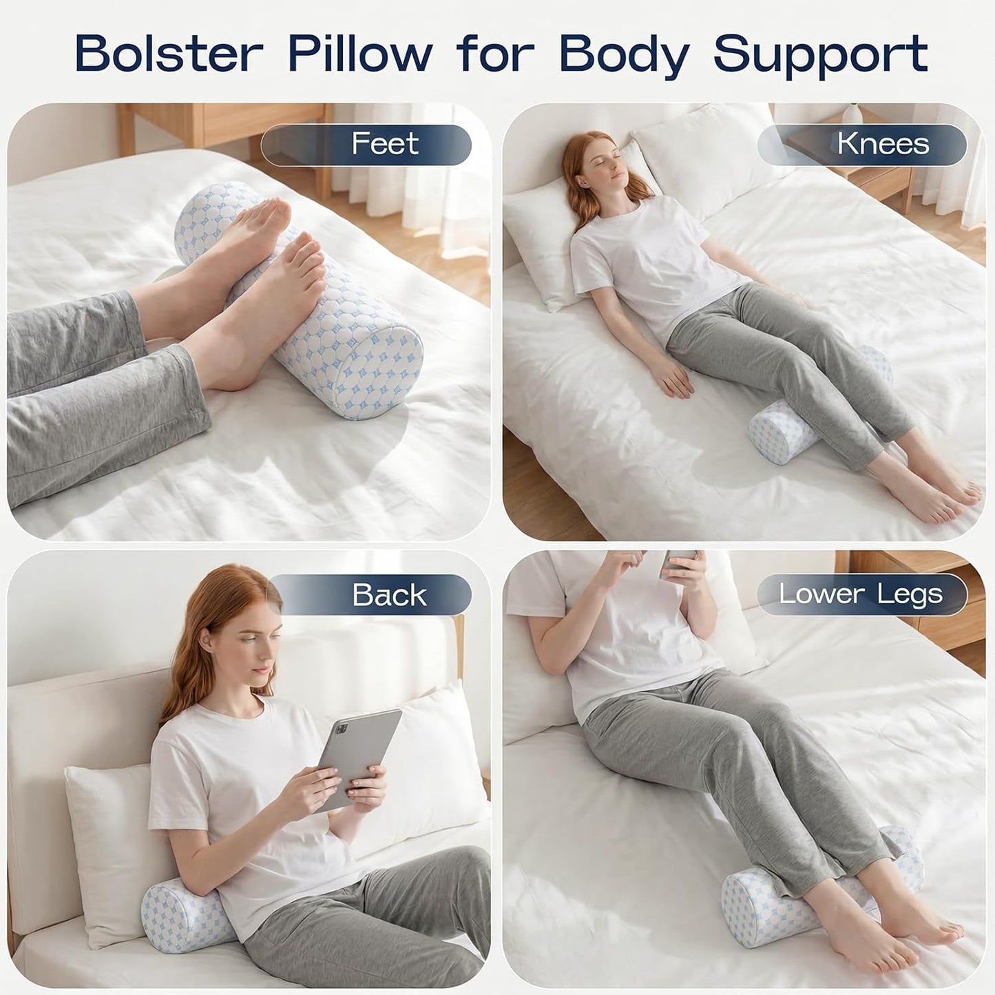 Neck Roll Pillow, Memory Foam Neck Support Pillows, Round Neck Pillows, Cylinder Bolster Pillows for Bed, Couch, and Yoga, Removable Washable Cover,18 * 4.1 * 4.1inch (Cool-Blue)